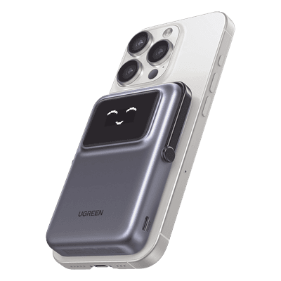 Power Bank Inalámbrico / 10000 mAh / Carga Inalámbrica 7.5W / USB-C 20W / Pantalla TFT con Emojis / Soporte Plegable / Succión Magnética 10N