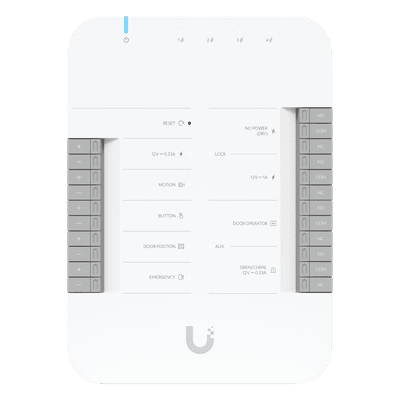 UniFi Access Hub Door, puede conectar 2 lectores y 2 cámaras (no incluidos) para controlar solo una puerta / 2 terminales AUX y 4 entradas adicionales (sensores y botones) POE 802.3bt no incluido