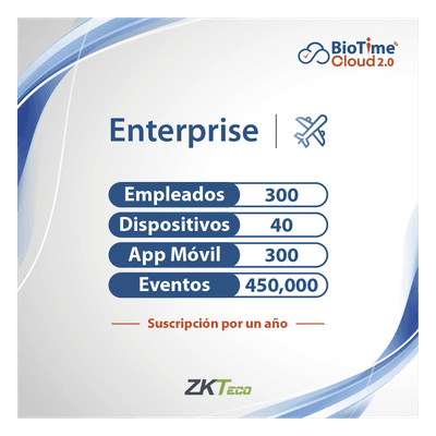 LICENCIA ENTERPRISE BIOTIME CLOUD 2.0  / 300 USUARIOS / 40 DISPOSITIVOS (Licencia Anual)