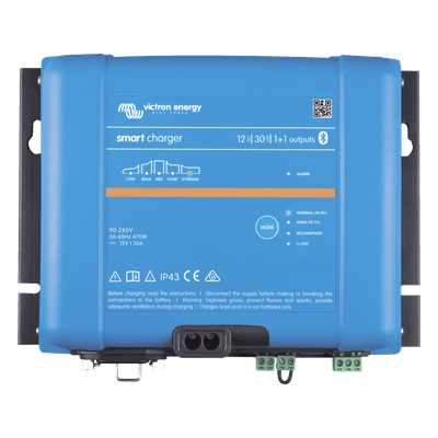 Cargador de Baterías / 12V 30A / IP43/IP22 / Bluetooth / 6 Etapas / 2 Salidas 1+1 / Plomo y Litio / 98.4 ft Uso Marino y Terrestre