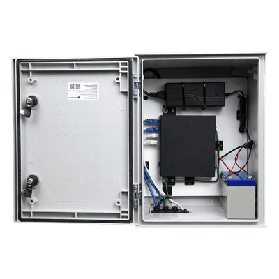 KIT de Gabinete de Poliéster (300 x 400 x 200 mm) + Controlador de Carga con Switch PoE (5) + Batería de 12V 7Ah