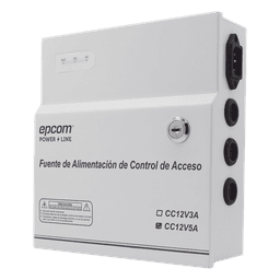 Fuente de Poder / 1 Salida 11-15 Vcc /  5 A / Temporizador Integrado / Con Capacidad de Batería de Respaldo / Requiere Batería / Aplicaciones en sistemas de control de Acceso 