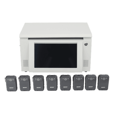 Kit Estación de Descarga para Bodycam / 8 Unidades / Pantalla Táctil 12 Pulgadas / Almacenamiento 36 TB / Ethernet FTP / 4G / 4K UHD
