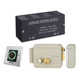 Kit Control de Acceso / Fuente Alimentación 36W 13.2VCD / Cerradura Eléctrica Derecha / Botón IR 5-15 cm / Acero Inoxidable / Indicadores LED / Relevador NO-NC-COM