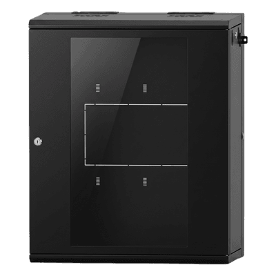 Gabinete Rack / 16 UR / Montaje Pared / Puerta Cristal Templado / Carga 80 kg / Abatible 120° / Ventilación 120 mm