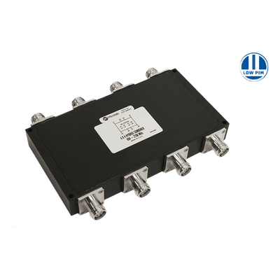 Combinador Híbrido 4x4 Wideband / 617-2700 MHz / 150W por Entrada / Aislamiento 23 dB / Bajo PIM -161 dBc / IP68 Exterior / Conectores 4.3-10