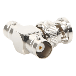 Adaptador en T para 50 Ohm de BNC Macho a Doble BNC Hembra, Maquinado, Níquel/ Oro/ Teflón.