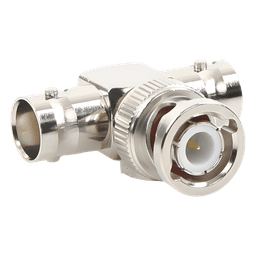 Adaptador en T para 50 Ohm de BNC Macho a Doble BNC Hembra, Maquinado, Níquel/ Oro/ Teflón.