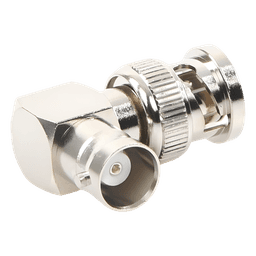 Adaptador RF / BNC Macho a Hembra / Ángulo Recto / 50 Ohm / Cuerpo Niquelado / Contacto Plateado / Aislante Teflón