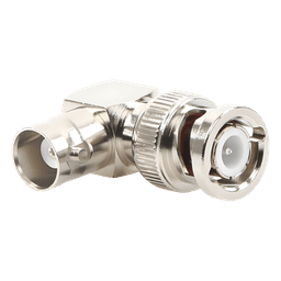 Adaptador RF / BNC Macho a Hembra / Ángulo Recto / 50 Ohm / Cuerpo Niquelado / Contacto Plateado / Aislante Teflón