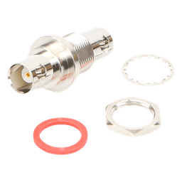 Adaptador Coaxial / Doble BNC Hembra / Montaje Chasis Hermético / D-Plano Frontal o Trasero / 50 Ω / Cuerpo Niquelado / Contacto Oro