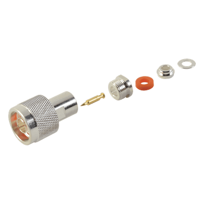 Conector RF N Macho / Ensamble por Rosca / Compatibilidad RG-58/U y RG-142/U / Cuerpo Bronce Plateado / Contacto Oro / Aislante Teflón