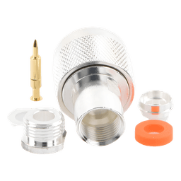 Conector RF N Macho / Ensamble por Rosca / Compatibilidad RG-58/U y RG-142/U / Cuerpo Bronce Plateado / Contacto Oro / Aislante Teflón