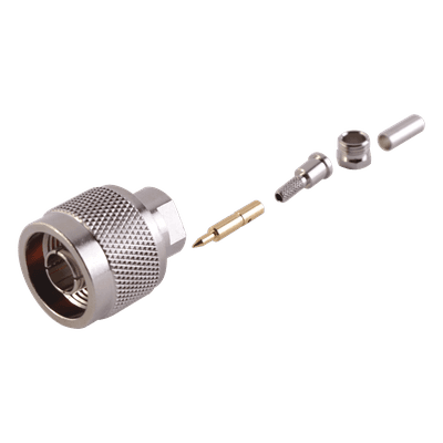 Conector Coaxial N Macho / Anillo Plegable / RG-174/U, Belden 8216 / Bronce Niquelado / Contacto Oro
