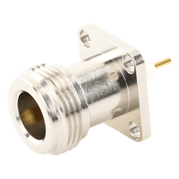 Conector N Hembra de Montaje de Panel con 4 perforaciones a 12.7 mm, soldable.