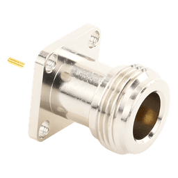 Conector N Hembra de Montaje de Panel con 4 perforaciones a 12.7 mm, soldable.