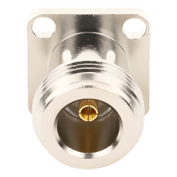 Conector N Hembra de Montaje de Panel con 4 perforaciones a 12.7 mm, soldable.
