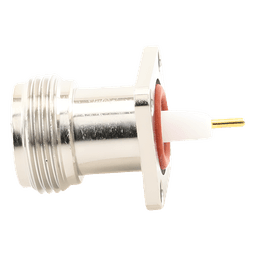 Conector N Hembra de Montaje de Panel con 4 perforaciones a 12.7 mm, soldable.