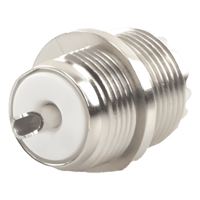 Conector UHF Hembra / Montaje Frontal en Panel D Plano / Cuerpo Zinc Niquelado / Contacto Plateado / Aislante Baquelita / Soldable