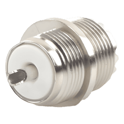 Conector UHF Hembra / Montaje Frontal en Panel D Plano / Cuerpo Zinc Niquelado / Contacto Plateado / Aislante Baquelita / Soldable