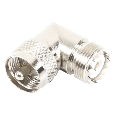 Adaptador RF en Ángulo Recto / UHF Macho PL-259 a UHF Hembra SO-239 / Cuerpo Bronce Niquelado / Aislante Delrin