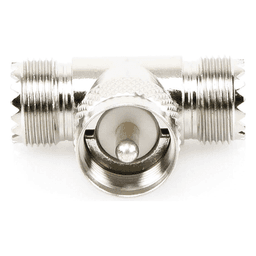 Adaptador RF en T / UHF Macho PL-259 a Doble UHF Hembra SO-239 / 50 Ohm / Níquel-Plata / Delrin