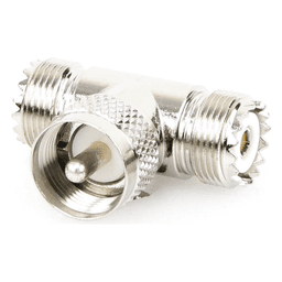 Adaptador RF en T / UHF Macho PL-259 a Doble UHF Hembra SO-239 / 50 Ohm / Níquel-Plata / Delrin