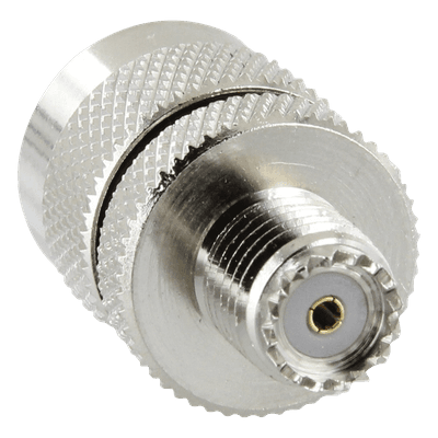 Adaptador en Línea de Conector Mini UHF Hembra a UHF Macho (PL-259), Níquel/ Oro/ Teflón.