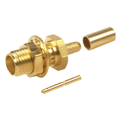 Conector SMA Hembra para Chasis en D Plano, Anillo Plegable para cable RG-174/U, Oro/ Oro/ Teflón.