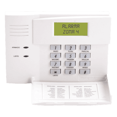 Consola de alarma con pantalla LCD numérica y mensajes prefijados en español