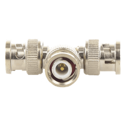 Adaptador de Triple conectores BNC macho para uso en sistemas de video vigilancia en aplicación con cables coaxiales RG-59/ RG-6, Níquel/ Oro/ Politetrafluoroetileno.