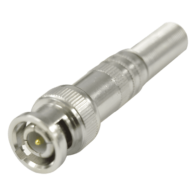 Conector BNC Macho / 75 Ohm / Resorte de Presión / RG-59/RG-6 / Níquel-Oro-PTFE / 41.7 mm (0.14 ft) Largo