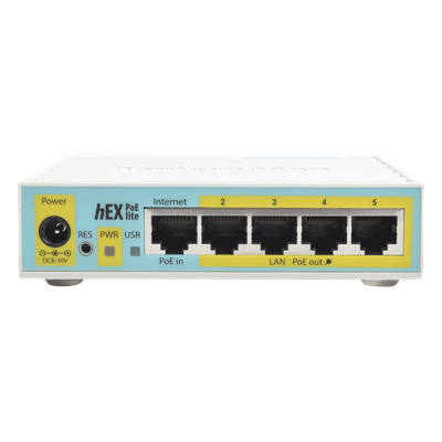 (hEX PoE LITE) RouterBoard, 5 Puertos Fast Ethernet, 4 con PoE Pasivo, 1 Puerto USB