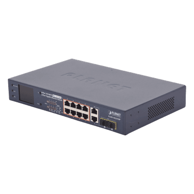 Switch PoE+ / 8 Puertos 10/100Mbps / 2 Puertos Gigabit Combo TP/SFP / Alcance 250m (820 pies) / Pantalla LCD / 120W