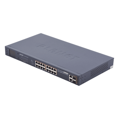 Switch PoE+ / 16 Puertos 10/100 Mbps / 2 Gigabit Combo TP/SFP / 300W / LCD y VLAN Extended / ±4kV
