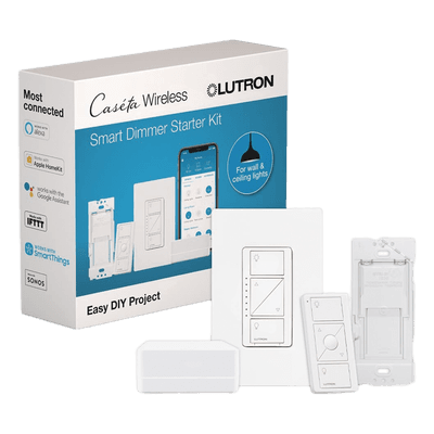 Kit de inicio Caseta Wireless con hub Smart Bridge, atenuador de pared, control Pico y placa Claro para controlar la iluminación desde la app Lutron
