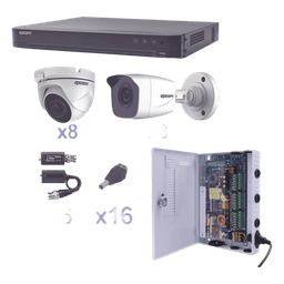 Kit TurboHD / DVR 16 Canales / 16 Cámaras 1080p / 8 Bala y 8 Eyeball / Lente 2.8 mm / IR 20 m (65.6 ft) / Fuente de Poder 18 Canales / Transceptores UTP