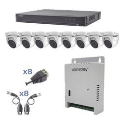 Cámara Turret / 2 MP 1080p / IR 20 m (65.6 ft) / Lente 2.8 mm / 103° / Exterior IP66 / Starlight / Audio por Coaxitron / Up the Coax / Compatibilidad 5 Tecnologías / Carcasa Metálica / Fuente Multitensión 12-15 Vcc / Transceptores UTP Pasivos / Kit Completo 8 Canales
