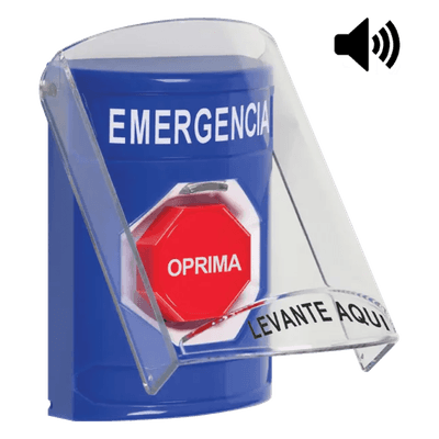 ​Botón Multipropósito, Color Azul, De Superficie, Con Tapa De Policarbonato, Con Bocina Pre Alarma, Solo Interior, Llave Para Restablecer, Texto De Emergencia, Español