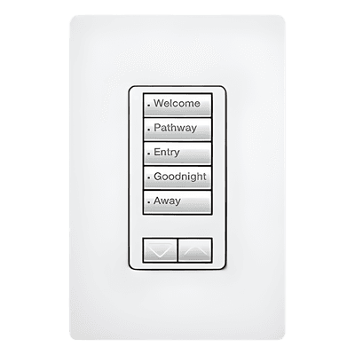 Teclado de pared seeTouch de 5 botones con subir/bajar para control de luces y cortinas en sistemas RadioRA 2, 120 V, retroiluminado, color blanco