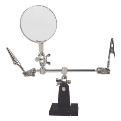 Soporte con lupa y brazos con clip / Lupa 6.2 cm / Aumento 3x / Base hierro fundido / 289 g / 14 x 8 cm (5.5 x 3.1 pulgadas)