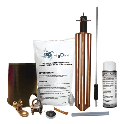 Kit de Protección Contra Tormentas Eléctricas / 80 m (262.5 ft) de Diámetro de Protección / Mástil 1.2 m (3.9 ft) / Electrodo 100 A / Mejorador de Suelo 11 kg / Sistema Externo e Interno