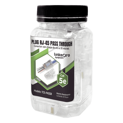 Plugs Pass-Through RJ45 / Cat5e / Sin Blindaje / Alivio de Tensión Integrado / Chapado Oro 30 Micras / 24 AWG / TIA-568B.2