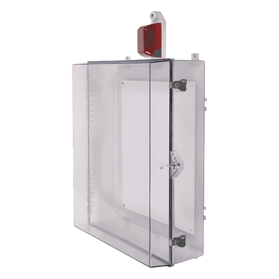 Gabinete Grande de Policarbonato Transparente Súper Resistente con Sirena/Estrobo y Cerradura con Llave