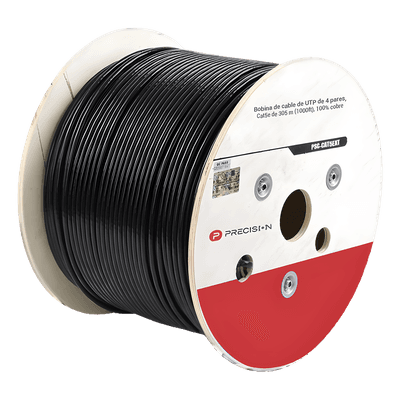 Bobina de Cable de UTP de 4 Pares Cat5e de 305 Metros (1000 Pies), 100% Cobre, LDPE Resistente a Rayos UV Relleno de Gel, Color Negro, 24 AWG, Uso en Exterior, Para Aplicaciones de Voz, Datos y Video