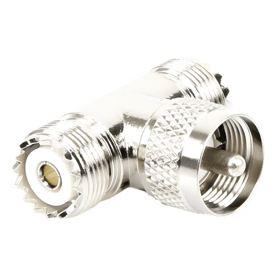 Adaptador RF en T / UHF Macho PL-259 a Doble UHF Hembra SO-239 / 50 Ohm / Níquel-Plata / Delrin