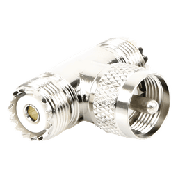 Adaptador RF en T / UHF Macho PL-259 a Doble UHF Hembra SO-239 / 50 Ohm / Níquel-Plata / Delrin