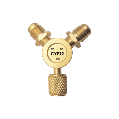 Conector Y CYF12 para Sistemas de Refrigeración / 2 Entradas 1/4" Macho Flare / 1 Salida 5/16" Hembra Flare / Recuperación Rápida y Evacuación / Material Metálico Resistente