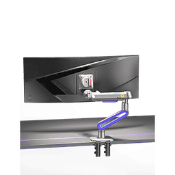 Montaje de Escritorio Ideal Para Monitores Gaming  de  32"- 60" / Capacidad de Carga Maxima 20 Kg / Vesa 75 x 75 -  100 x 100 / Acero / Giro 360° / Color Carbon Mate  con Cubierta  Plastica Color Morado /  Iluminación RGB