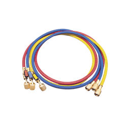 Juego de Mangueras de Refrigerante MM360 / 3 Mangueras 150 cm con Válvulas de Cierre / Presión Trabajo 55 bar (800 psi) / Presión Ruptura 276 bar (4000 psi) / Conexiones 1/4 SAE Hembra y Macho / Identificación por Color Rojo-Az